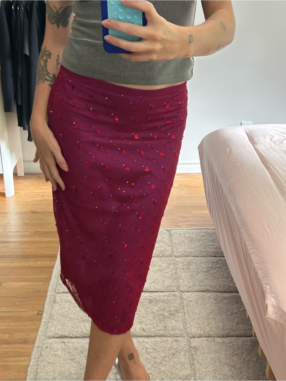 French Connection Magenta Beaded Midi Skirt - Picture 2 of 5